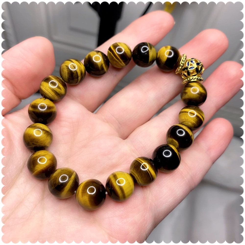 Natural Tiger Eye Yellow Gemstones 10mm Cloisonné Charm beaded bracelet
